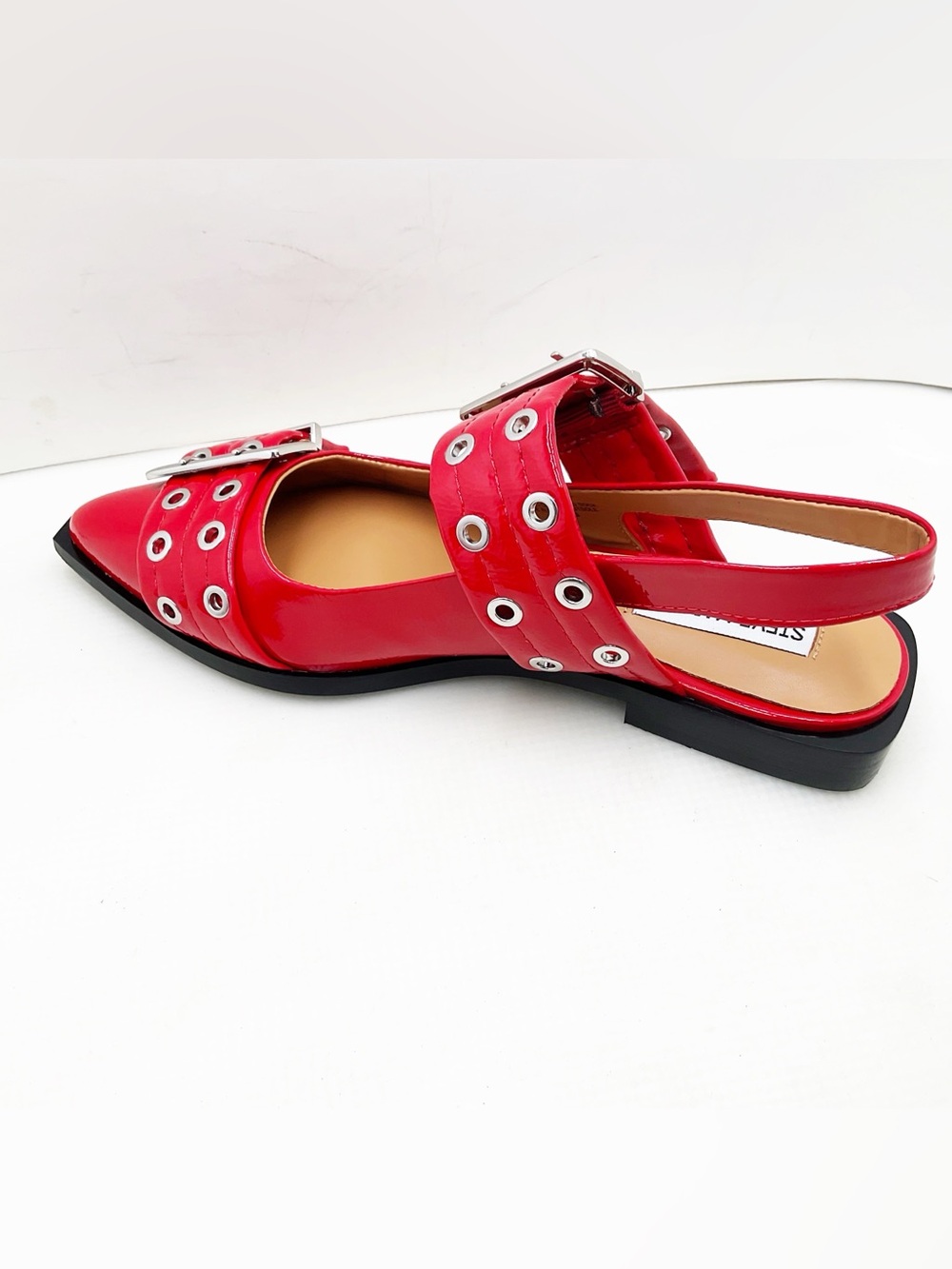 {Steve Madden} Graya Red Patent Studded Buckle Slingback Flats - Picture 4 of 16